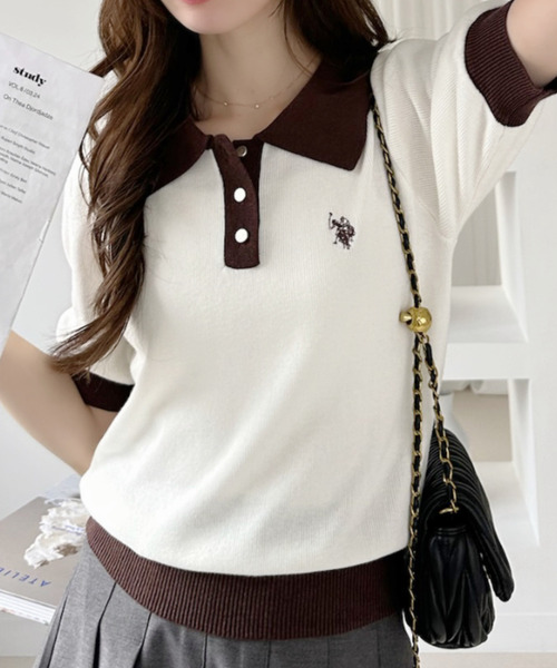 U.S. POLO ASSN.(ユーエスポロアッスン)の「【U.S. POLO ASSN.】バイカラー ステンカラー ポロ サマーニット(ポロシャツ・レディース・オフホワイト/ベージュ/ネイビー/ホワイト×ブラック/ホワイト×グリーン・M/L)」の8枚目の写真