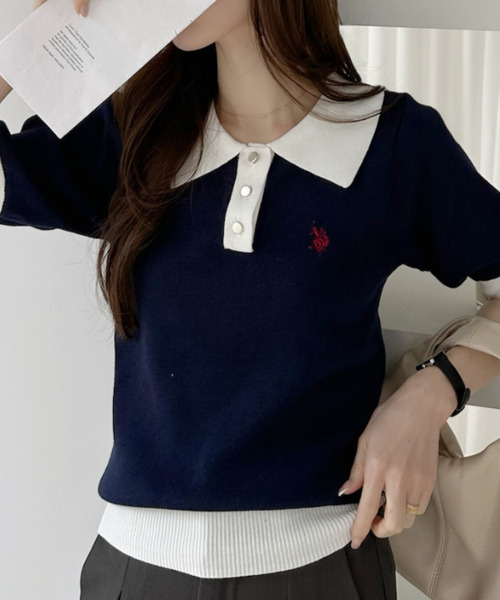U.S. POLO ASSN.(ユーエスポロアッスン)の「【U.S. POLO ASSN.】バイカラー ステンカラー ポロ サマーニット(ポロシャツ・レディース・オフホワイト/ベージュ/ネイビー/ホワイト×ブラック/ホワイト×グリーン・M/L)」の6枚目の写真