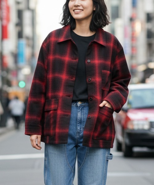 BY THE BAY（バイザベイ）の「【HANEI/ハンエイ】Jisome Check Shirt Jacket/シャツジャケット（カバーオール・メンズ・レッド/アイボリー系・MEDIUM/LARGE）」の2枚目の写真