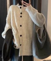前ボタンスタンドカラーニットロングカーデ