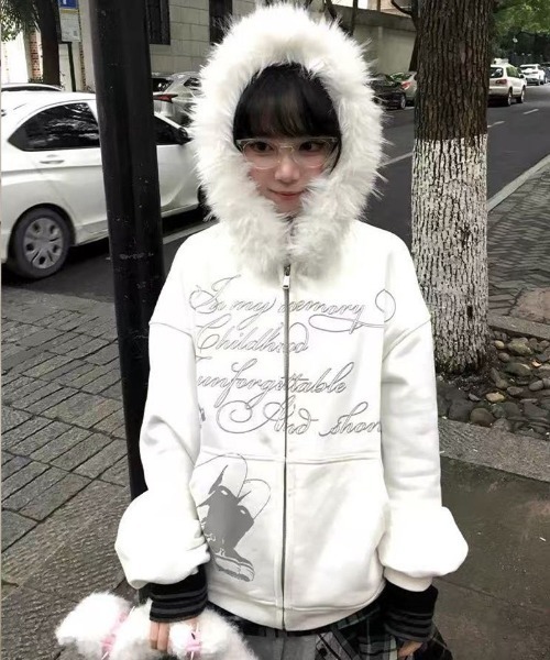 セール】Y2K 【秋冬新作】ファー付きフードゆったりスウェットパーカー