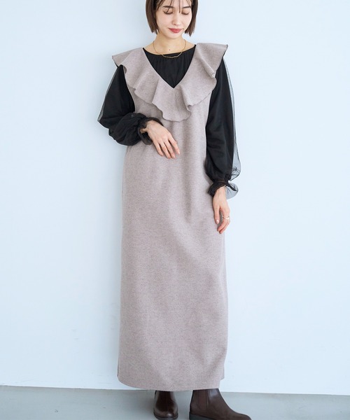 ラッフルカラー ノースリーブワンピース【585122】（ワンピース）｜mil
