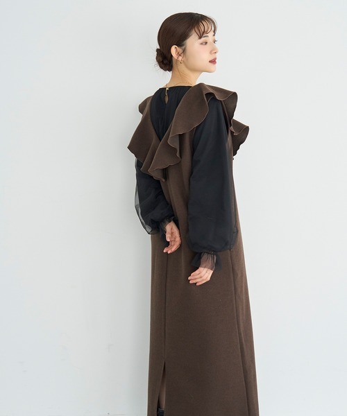 ラッフルカラー ノースリーブワンピース【585122】（ワンピース）｜mil