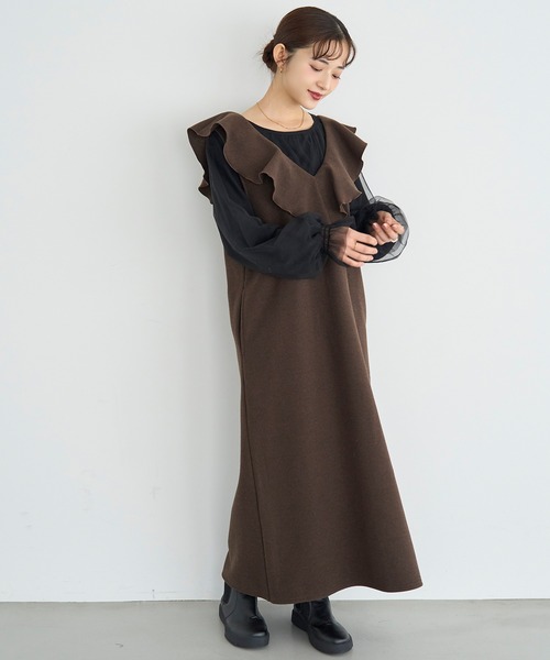 ラッフルカラー ノースリーブワンピース【585122】（ワンピース）｜mil