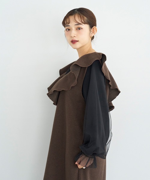 mil(ミル)の「ラッフルカラー ノースリーブワンピース【585122】(ワンピース・レディース・ブラウン/ブラック/グレイッシュベージュ・FREE/XS/S)」の11枚目の写真