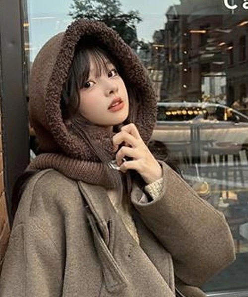 2WAYもこもこリブニットバラクラバフードウォーマー（ネックウォーマー