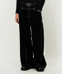 DWSE（ディーダブリューエスイー）の「ステッチワイドデニムパンツ（ブラック）（デニムパンツ）」