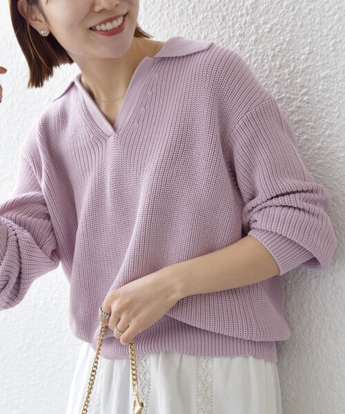 SHIPS any(シップス エニィ)の「SHIPS any:〈手洗い可能〉コットン ミックス スキッパー ポロ ニット プルオーバー(ニット/セーター・レディース・ライトブルー/ホワイト/ネイビー/ラベンダー・ONE SIZE)」の4枚目の写真