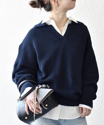 SHIPS any:〈手洗い可能〉コットン ミックス スキッパー ポロ ニット プルオーバー