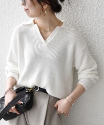 SHIPS any:〈手洗い可能〉コットン ミックス スキッパー ポロ ニット プルオーバー