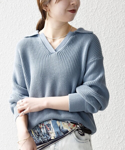 SHIPS any(シップス エニィ)の「SHIPS any:〈手洗い可能〉コットン ミックス スキッパー ポロ ニット プルオーバー(ニット/セーター・レディース・ライトブルー/ホワイト/ネイビー/ラベンダー・ONE SIZE)」の13枚目の写真
