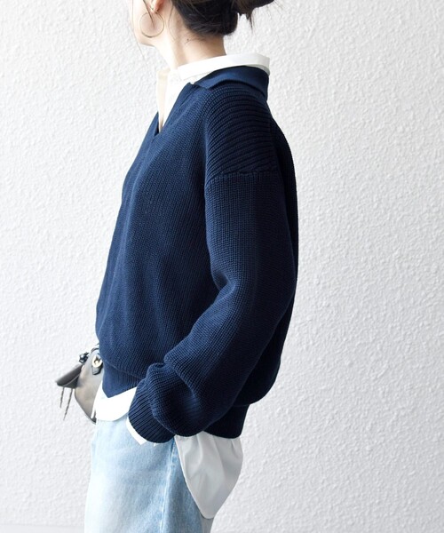 SHIPS any:〈手洗い可能〉コットン ミックス スキッパー ポロ ニット