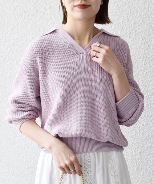 SHIPS any:〈手洗い可能〉コットン ミックス スキッパー ポロ ニット