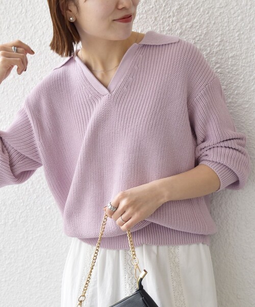SHIPS any:〈手洗い可能〉コットン ミックス スキッパー ポロ ニット