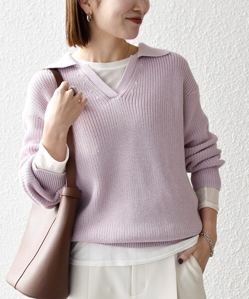 SHIPS any:〈手洗い可能〉コットン ミックス スキッパー ポロ ニット