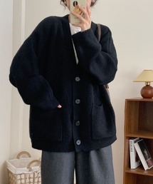 厚手ニットカーディガン ワッペン付き ゆったり レディース