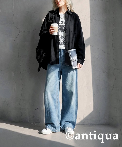 antiqua（アンティカ）の「綿100％  シャツ（シャツ/ブラウス・レディース・ブルー/ブラック・ONESIZE）」の5枚目の写真