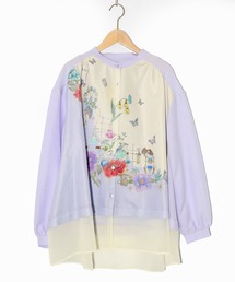 561202：布帛ｘシフォン異素材切替バイカラー花柄シャツ