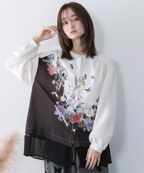 iS ScoLar（イズスカラー）の「561202：布帛ｘシフォン異素材切替バイカラー花柄シャツ（シャツ/ブラウス・レディース・パープル/オフホワイト・M）」の2枚目の写真