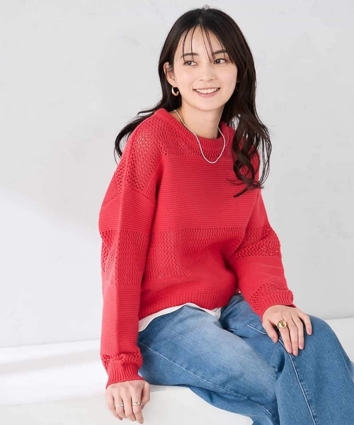 a.v.v(アーヴェヴェ)の「メッシュボーダーニット(ニット/セーター・レディース・ネイビー/レッド/アイボリー・40/38)」の1枚目の写真