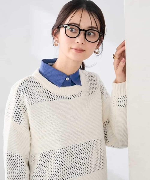 a.v.v(アーヴェヴェ)の「メッシュボーダーニット(ニット/セーター・レディース・ネイビー/レッド/アイボリー・40/38)」の4枚目の写真