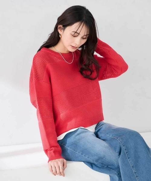 a.v.v(アーヴェヴェ)の「メッシュボーダーニット(ニット/セーター・レディース・ネイビー/レッド/アイボリー・40/38)」の21枚目の写真