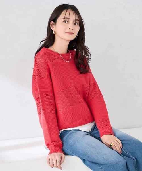 a.v.v(アーヴェヴェ)の「メッシュボーダーニット(ニット/セーター・レディース・ネイビー/レッド/アイボリー・40/38)」の22枚目の写真