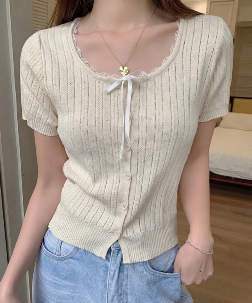 yuue' ( wear )(ユーイ)の「レース付き透かし編み半袖ニットトップス(ニット/セーター・レディース・グレー/アイボリー/ブラック・FREE)」の2枚目の写真