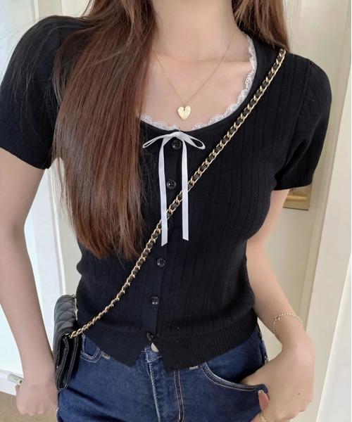 yuue' ( wear )(ユーイ)の「レース付き透かし編み半袖ニットトップス(ニット/セーター・レディース・グレー/アイボリー/ブラック・FREE)」の3枚目の写真