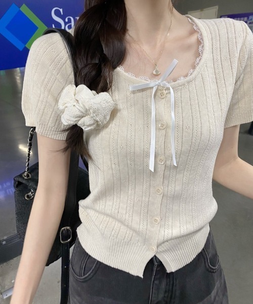 yuue' ( wear )(ユーイ)の「レース付き透かし編み半袖ニットトップス(ニット/セーター・レディース・グレー/アイボリー/ブラック・FREE)」の10枚目の写真