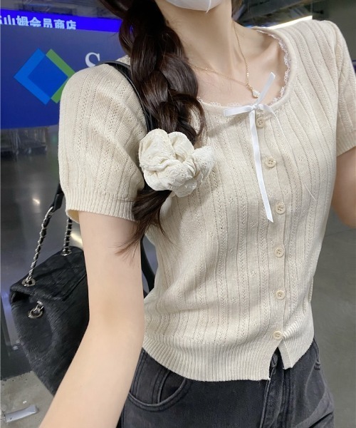 yuue' ( wear )(ユーイ)の「レース付き透かし編み半袖ニットトップス(ニット/セーター・レディース・グレー/アイボリー/ブラック・FREE)」の11枚目の写真