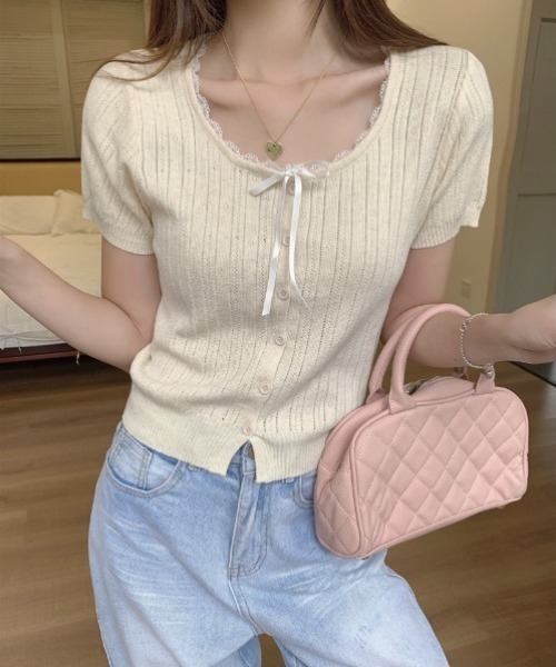 yuue' ( wear )(ユーイ)の「レース付き透かし編み半袖ニットトップス(ニット/セーター・レディース・グレー/アイボリー/ブラック・FREE)」の4枚目の写真