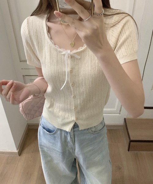 yuue' ( wear )(ユーイ)の「レース付き透かし編み半袖ニットトップス(ニット/セーター・レディース・グレー/アイボリー/ブラック・FREE)」の6枚目の写真