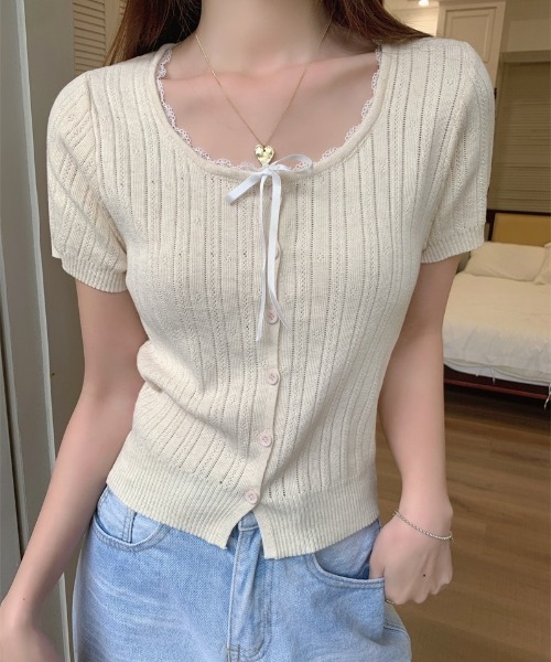 yuue' ( wear )(ユーイ)の「レース付き透かし編み半袖ニットトップス(ニット/セーター・レディース・グレー/アイボリー/ブラック・FREE)」の8枚目の写真