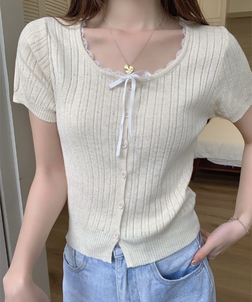 yuue' ( wear )(ユーイ)の「レース付き透かし編み半袖ニットトップス(ニット/セーター・レディース・グレー/アイボリー/ブラック・FREE)」の9枚目の写真