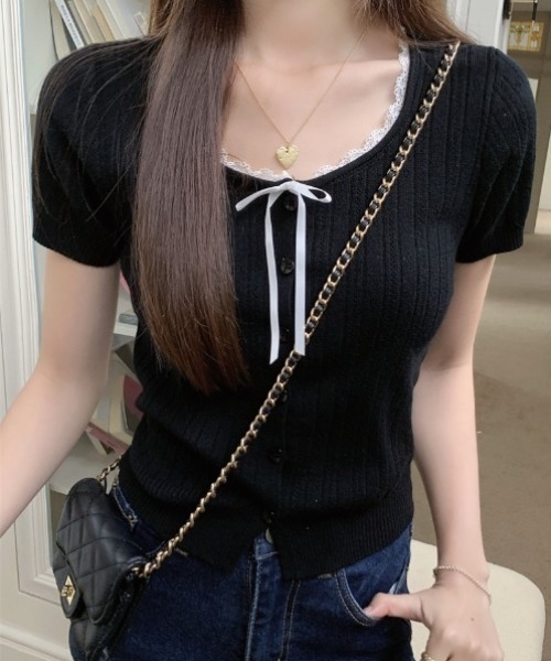 yuue' ( wear )(ユーイ)の「レース付き透かし編み半袖ニットトップス(ニット/セーター・レディース・グレー/アイボリー/ブラック・FREE)」の13枚目の写真