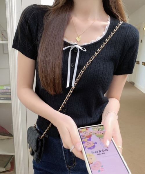 yuue' ( wear )(ユーイ)の「レース付き透かし編み半袖ニットトップス(ニット/セーター・レディース・グレー/アイボリー/ブラック・FREE)」の14枚目の写真