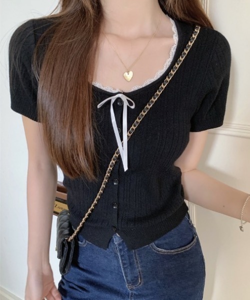 yuue' ( wear )(ユーイ)の「レース付き透かし編み半袖ニットトップス(ニット/セーター・レディース・グレー/アイボリー/ブラック・FREE)」の18枚目の写真