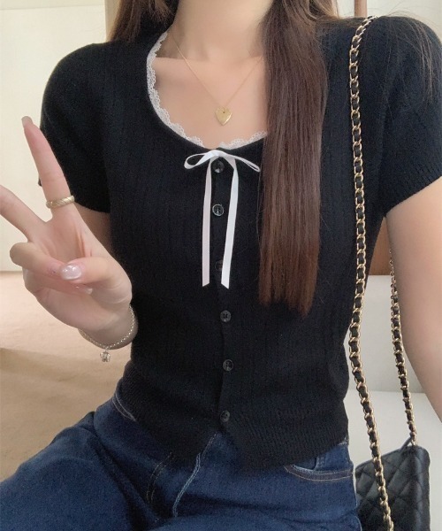 yuue' ( wear )(ユーイ)の「レース付き透かし編み半袖ニットトップス(ニット/セーター・レディース・グレー/アイボリー/ブラック・FREE)」の15枚目の写真