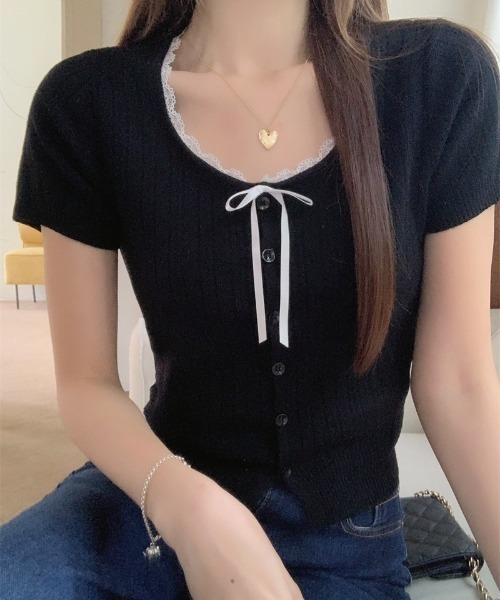 yuue' ( wear )(ユーイ)の「レース付き透かし編み半袖ニットトップス(ニット/セーター・レディース・グレー/アイボリー/ブラック・FREE)」の16枚目の写真