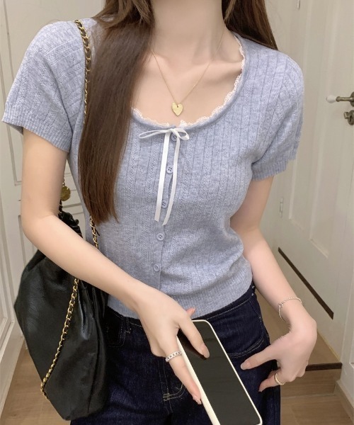 yuue' ( wear )(ユーイ)の「レース付き透かし編み半袖ニットトップス(ニット/セーター・レディース・グレー/アイボリー/ブラック・FREE)」の22枚目の写真