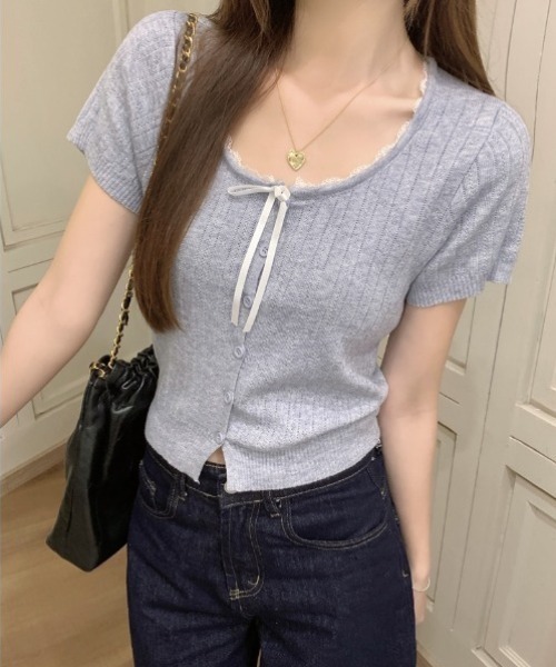 yuue' ( wear )(ユーイ)の「レース付き透かし編み半袖ニットトップス(ニット/セーター・レディース・グレー/アイボリー/ブラック・FREE)」の20枚目の写真
