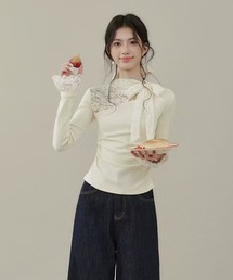 レースパッチワークニットトップス