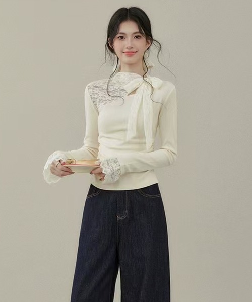 AsheKsha（アシクシャ）の「レースパッチワークニットトップス（ニット/セーター・レディース・ベージュ・M）」の4枚目の写真