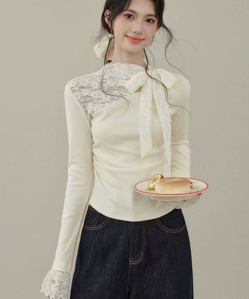 AsheKsha（アシクシャ）の「レースパッチワークニットトップス（ニット/セーター・レディース・ベージュ・M）」の5枚目の写真