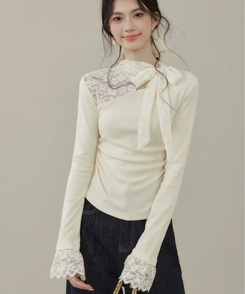 AsheKsha（アシクシャ）の「レースパッチワークニットトップス（ニット/セーター・レディース・ベージュ・M）」の6枚目の写真