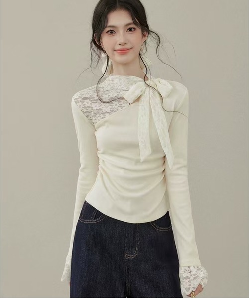 AsheKsha（アシクシャ）の「レースパッチワークニットトップス（ニット/セーター・レディース・ベージュ・M）」の7枚目の写真