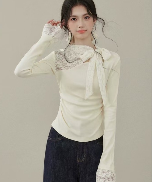 AsheKsha（アシクシャ）の「レースパッチワークニットトップス（ニット/セーター・レディース・ベージュ・M）」の8枚目の写真