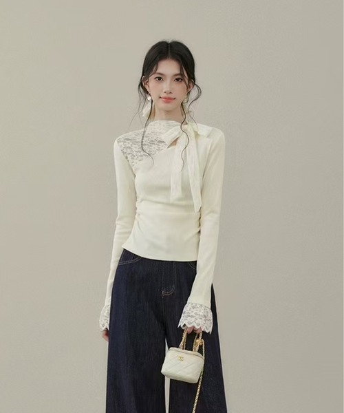 AsheKsha（アシクシャ）の「レースパッチワークニットトップス（ニット/セーター・レディース・ベージュ・M）」の9枚目の写真