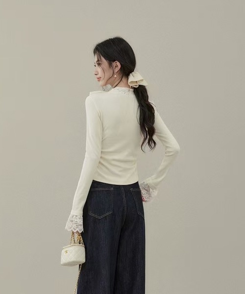 AsheKsha（アシクシャ）の「レースパッチワークニットトップス（ニット/セーター・レディース・ベージュ・M）」の10枚目の写真